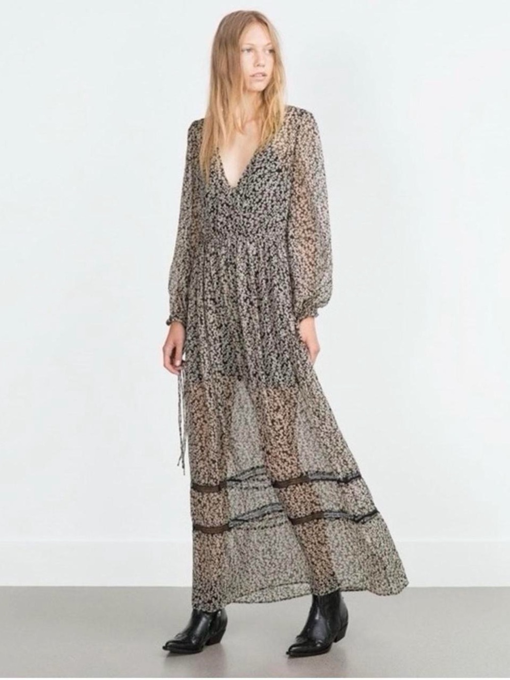 Zara Sheer Long Sleeve Floral Maxi Dress in Black Women’s sz L
